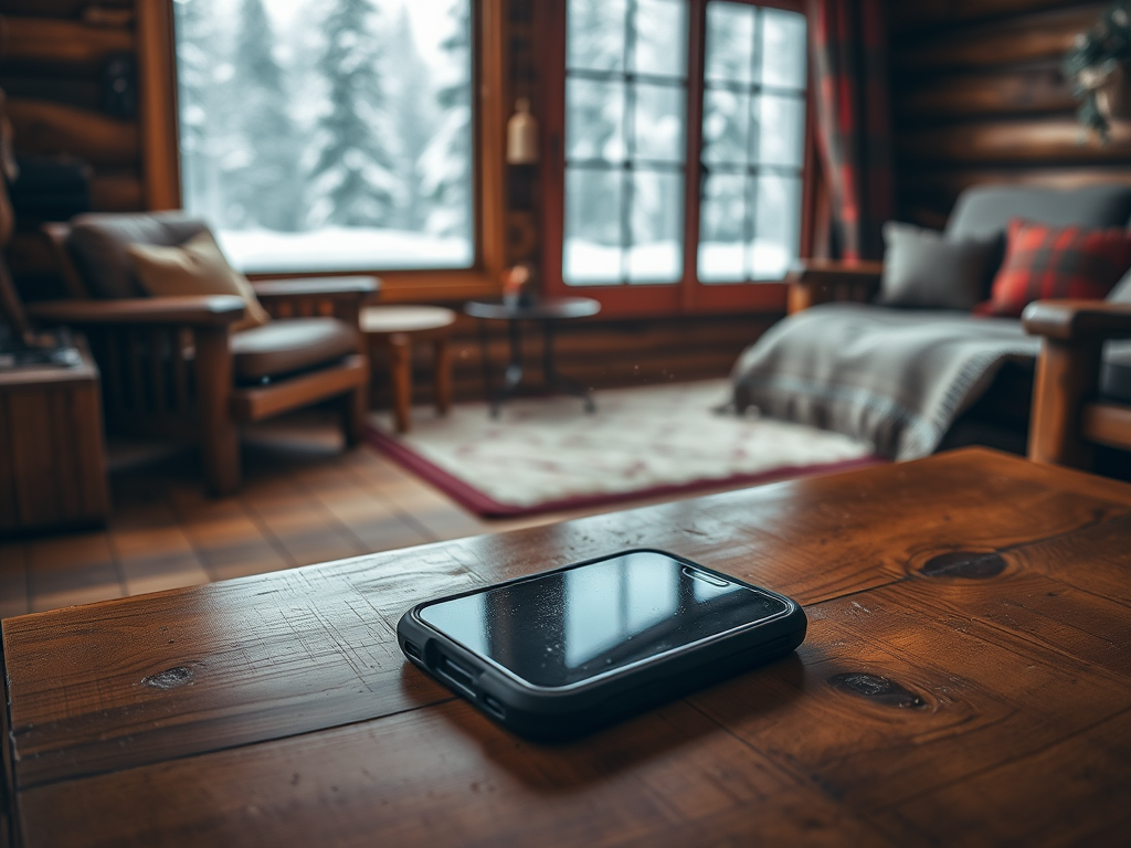 A cozy cabin interior with a phone on a wooden table, snowy scenery visible through large windows.