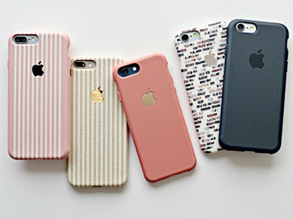 Five iPhone cases with different designs and colors, including stripes and logos.