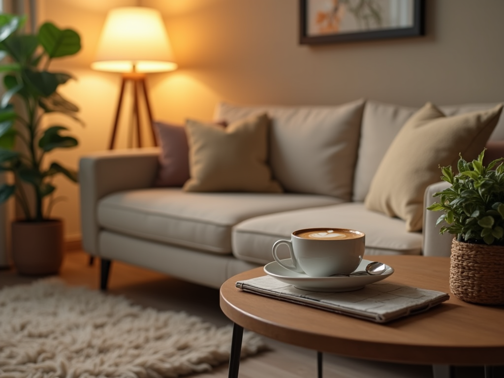 Cozy living room with a coffee cup on a table, sofa, plants, and a soft light lamp.