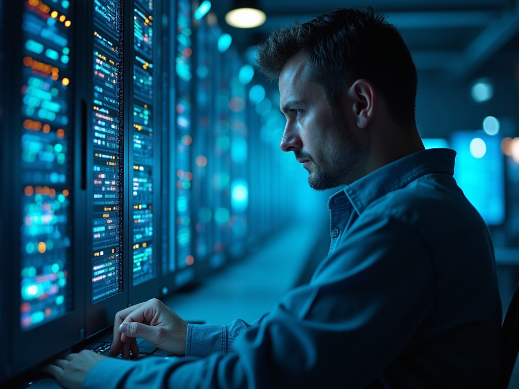 Man in a server room working on a computer, blue lights illuminating the space.