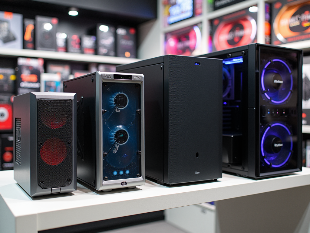 Variety of computer cases displayed on a shelf in an electronics store, some with visible internal components.