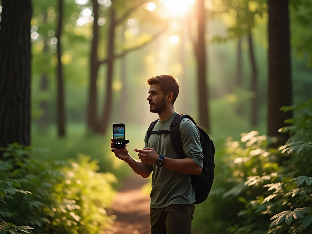 Man with a backpack uses smartphone in sunlit forest.