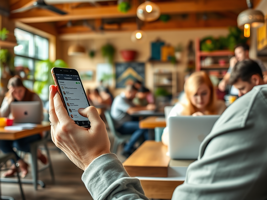 A person holding a smartphone in a busy café with people working on laptops in the background.