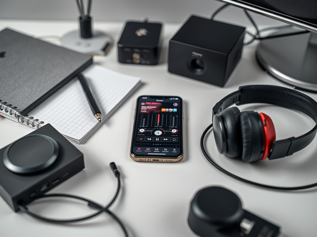 A smartphone with audio controls, headphones, speakers, a notebook, and a pen on a desk.