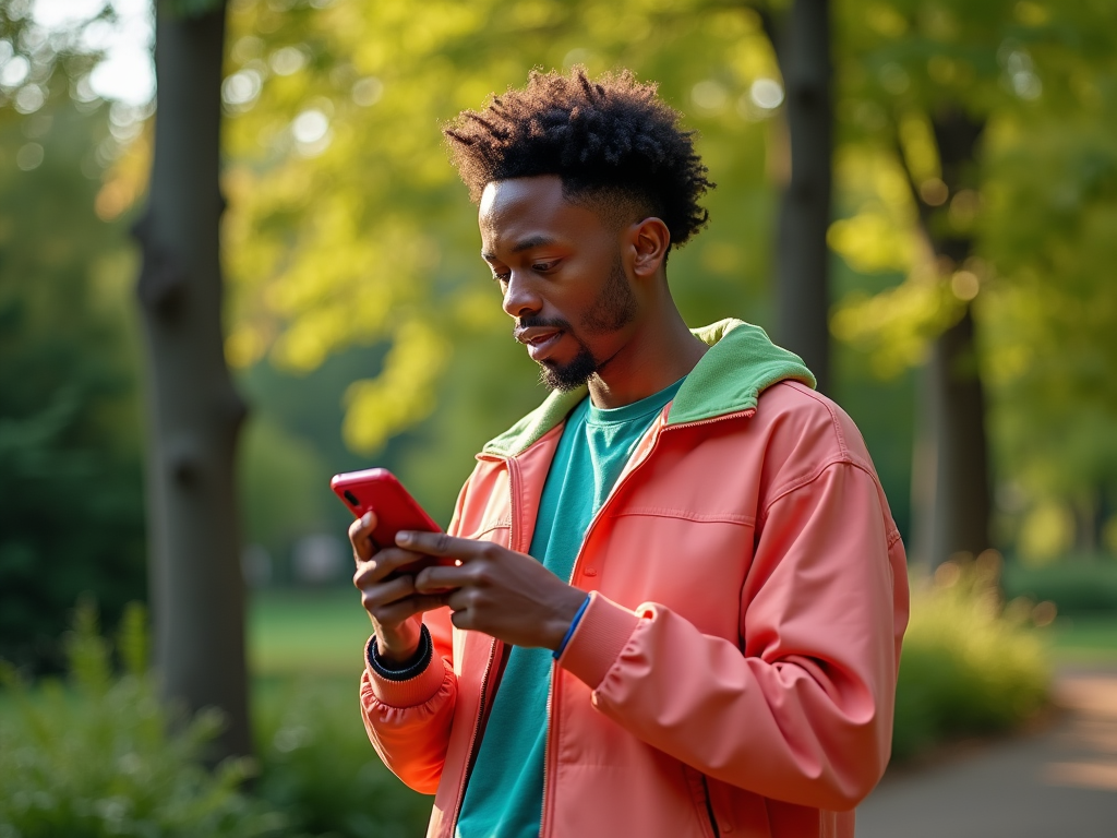 Man in colorful jacket using smartphone in park.